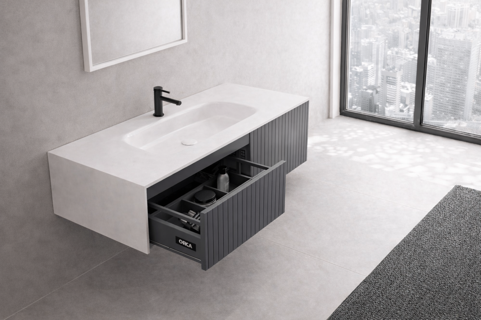 Orka Cube Banyo Dolabı Takımı, 120 cm, Lake Mat Antrasit (Ledli Ayna), 5000172