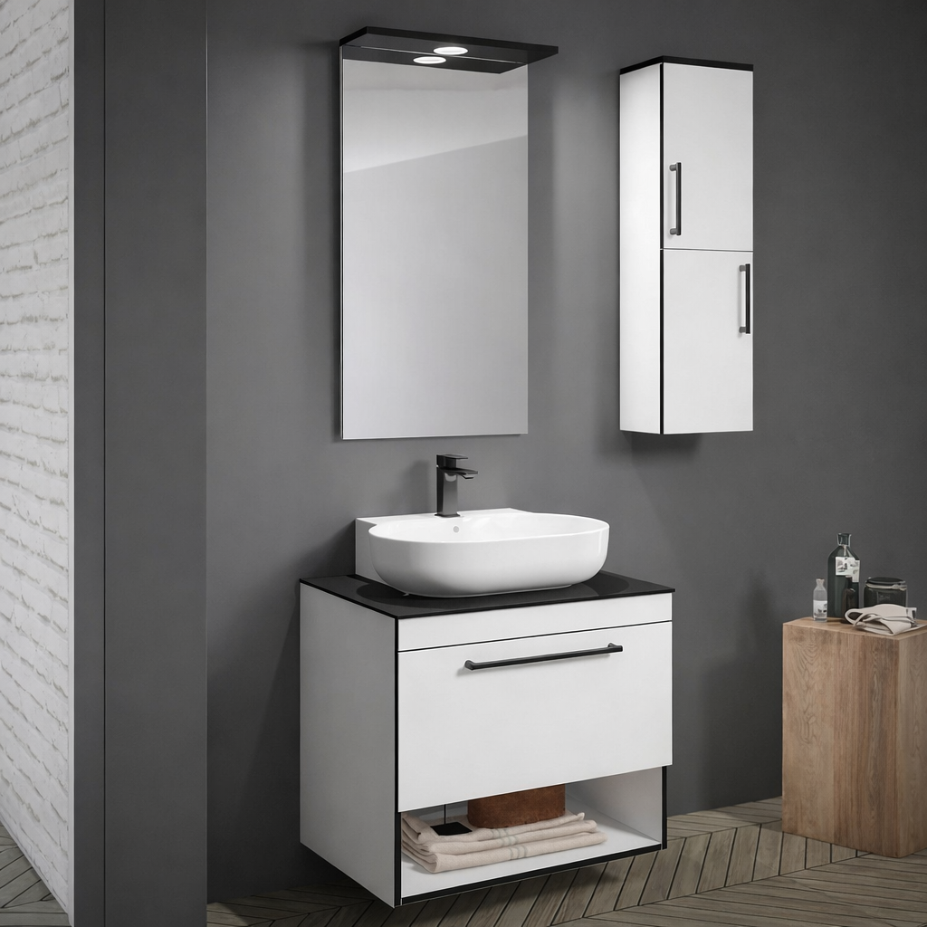 Orka Knidos Banyo Dolabı Takımı, 70 cm, Beyaz (Led Spotlu Ayna), 5000341