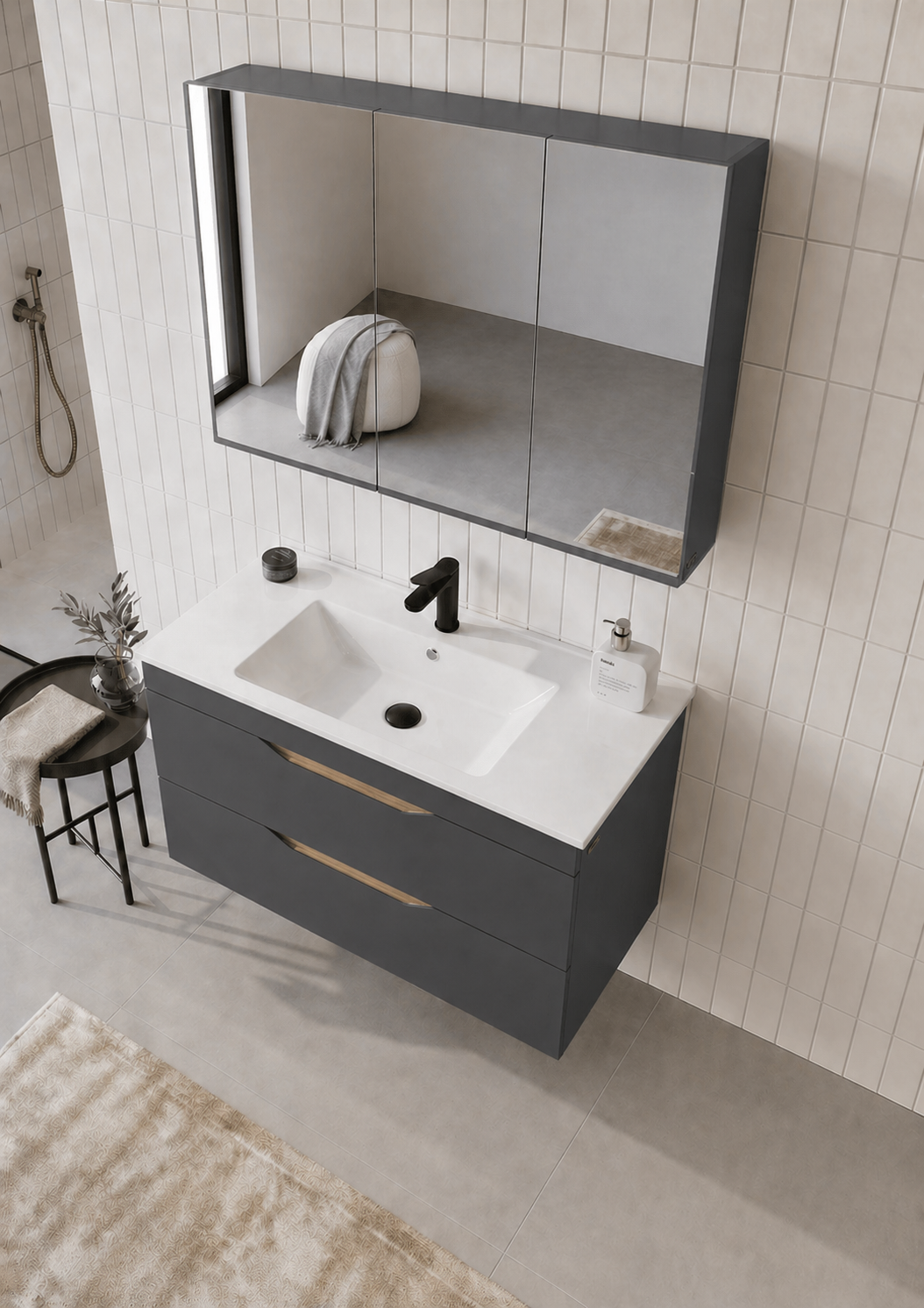 Orka Lena 100 cm Mat Antrasit Banyo Dolabı Takımı (Çekmeceli ,Dolaplı Ayna), 5008040