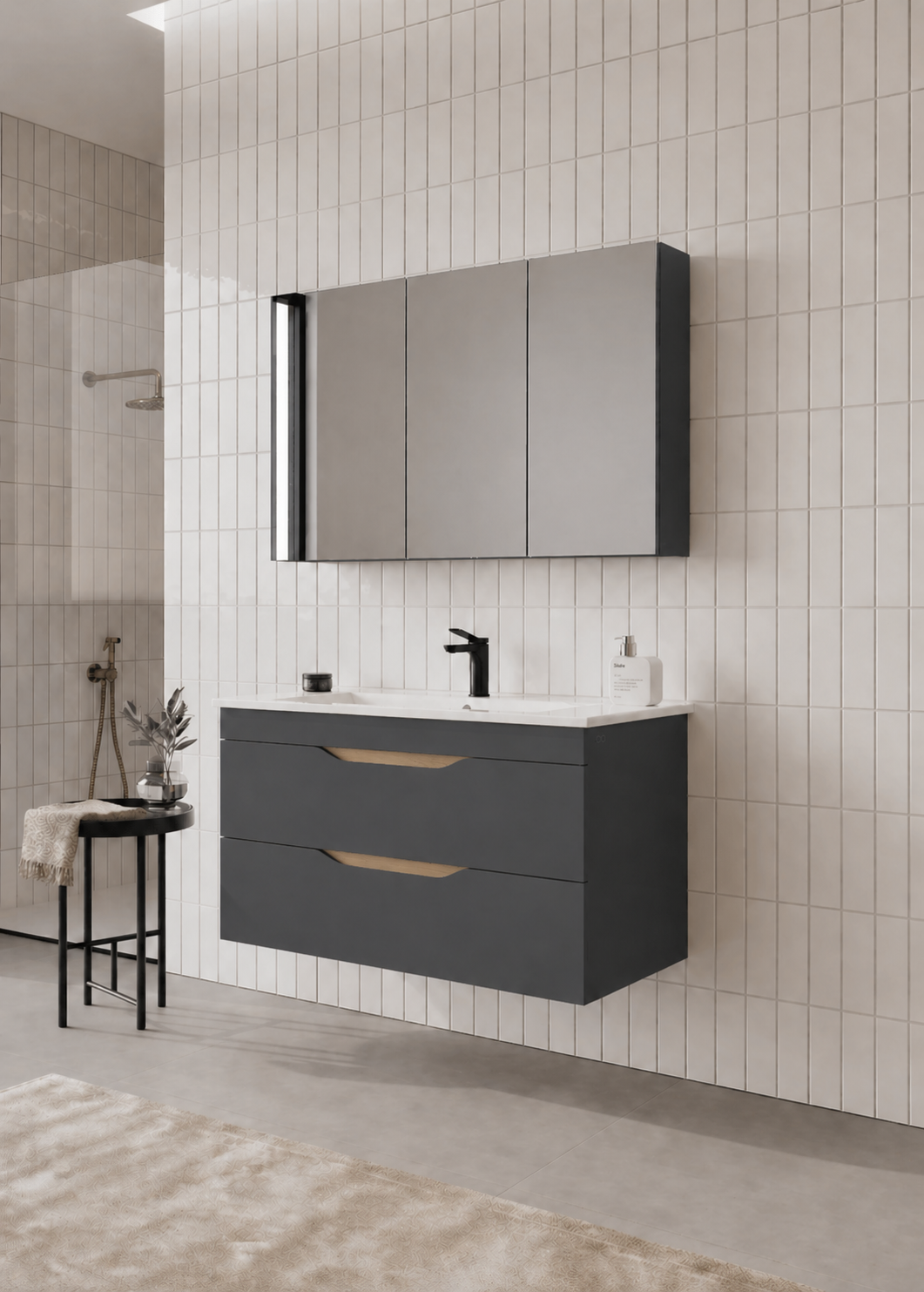 Orka Lena 100 cm Mat Antrasit Banyo Dolabı Takımı (Çekmeceli ,Dolaplı Ayna), 5008040