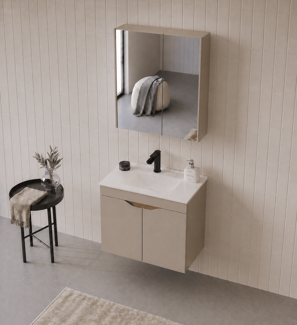 Orka Lena 65 cm Çöl beji Banyo Dolabı Takımı (Kapaklı ,Dolaplı Ayna), 5007999