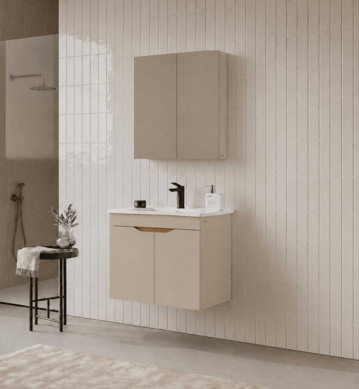 Orka Lena 65 cm Çöl beji Banyo Dolabı Takımı (Kapaklı ,Dolaplı Ayna), 5007999