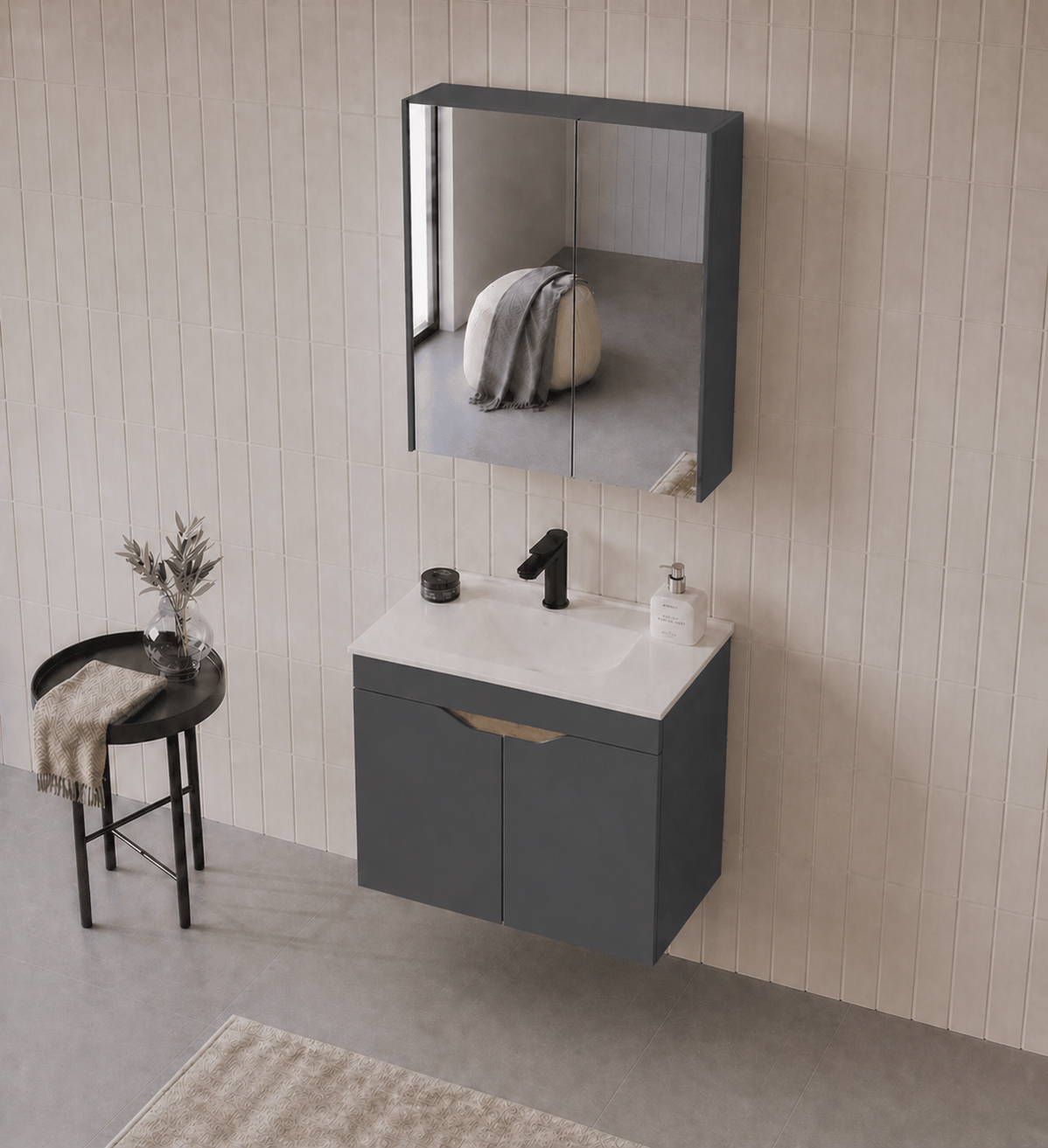 Orka Lena 65 cm Mat Antrasit Banyo Dolabı Takımı (Kapaklı ,Dolaplı Ayna), 5008019