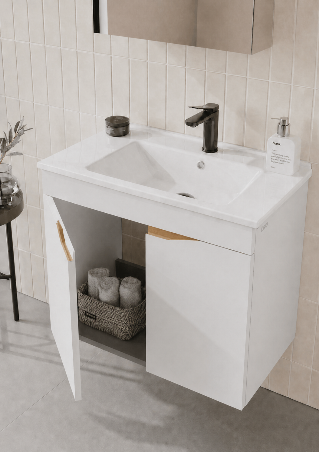 Orka Lena 65 cm Mat Beyaz Banyo Dolabı Takımı (Kapaklı ,Dolaplı Ayna), 5008806