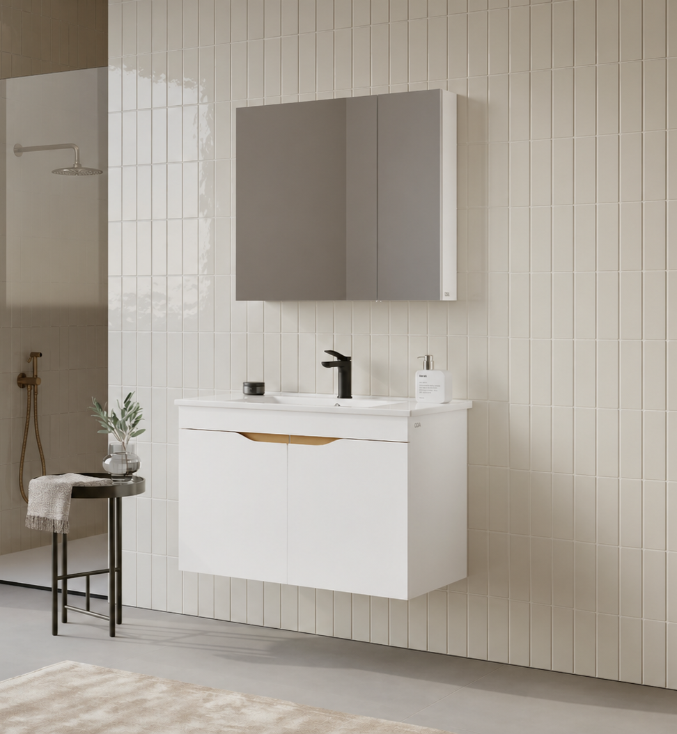 Orka Lena 85 cm Mat Beyaz Banyo Dolabı Takımı (Kapaklı ,Dolaplı Ayna), 5008811