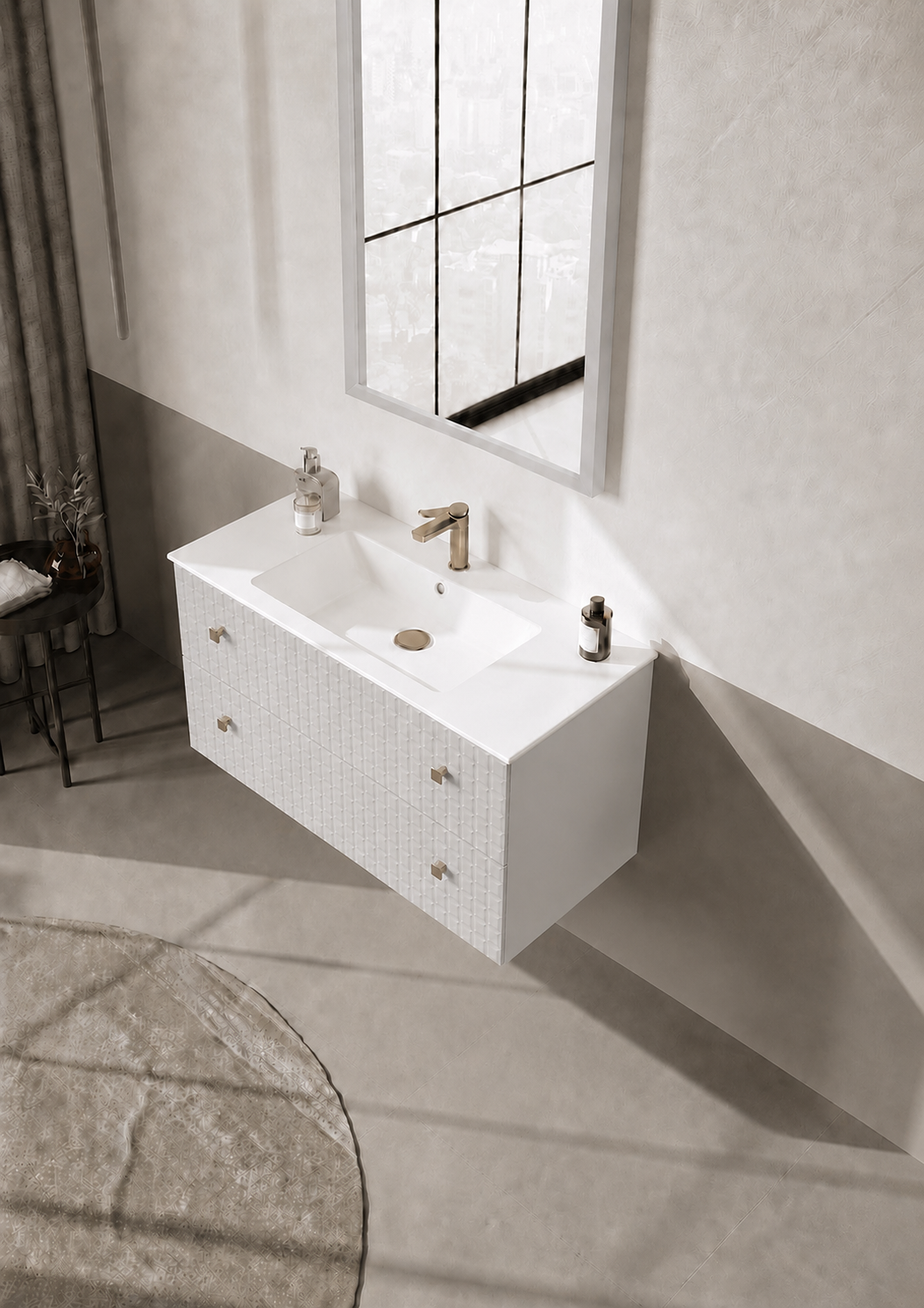Orka Lipari Asma Banyo Dolabı Takımı, 100 cm, Mat Beyaz Lake (Altın Kulp-Ledli Ayna), 5007304
