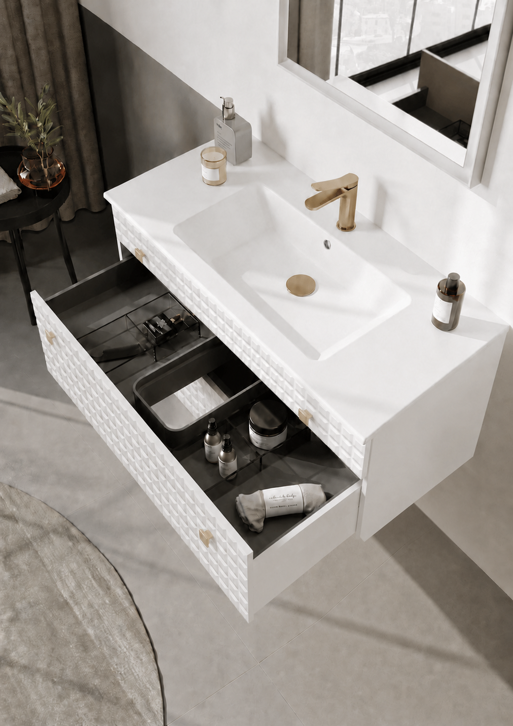 Orka Lipari Asma Banyo Dolabı Takımı, 100 cm, Mat Beyaz Lake (Altın Kulp-Ledli Ayna), 5007304