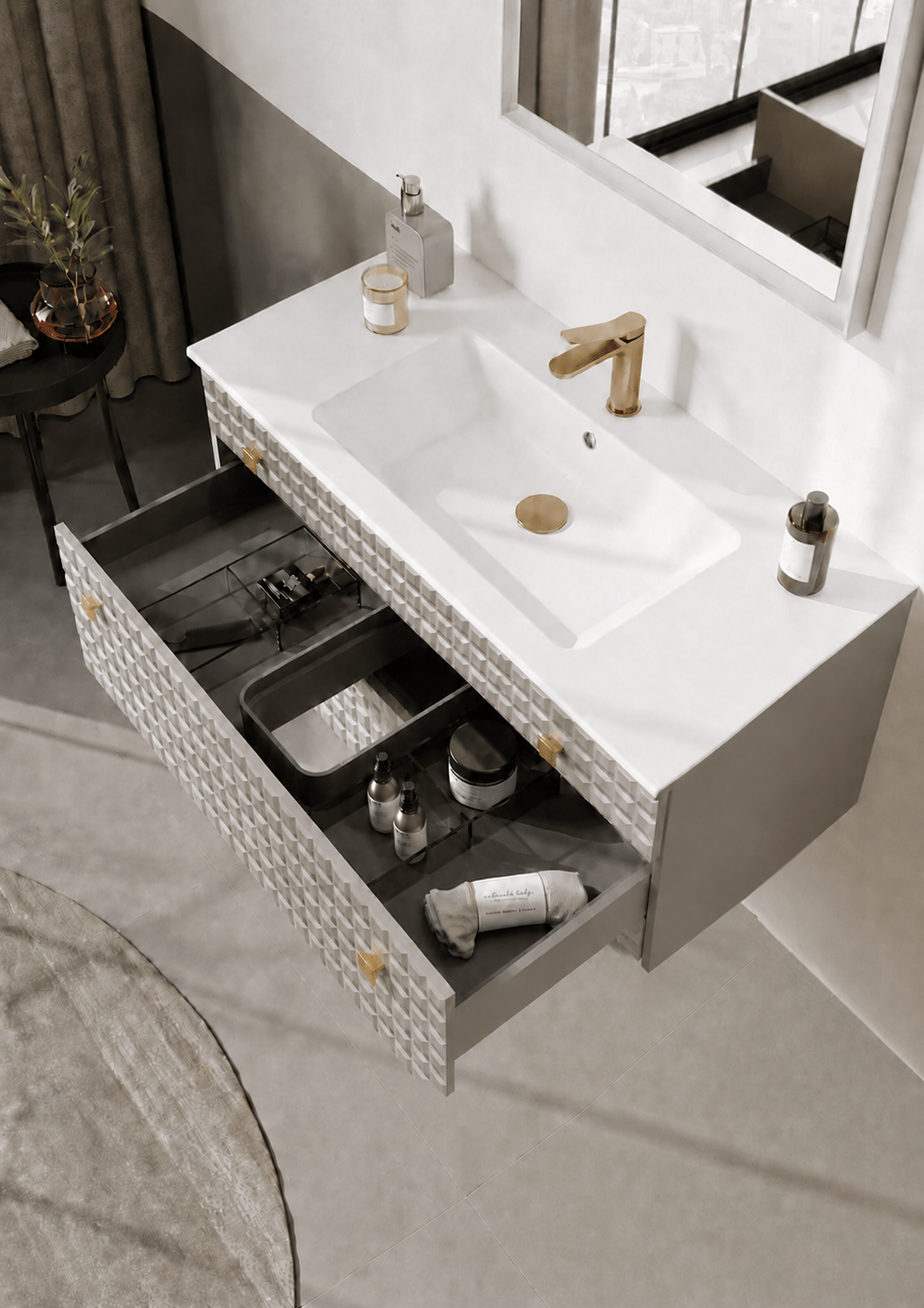 Orka Lipari Asma Banyo Dolabı Takımı, 100 cm, Mat Vizon Lake (Altın Kulp-Ledli Ayna), 5007305