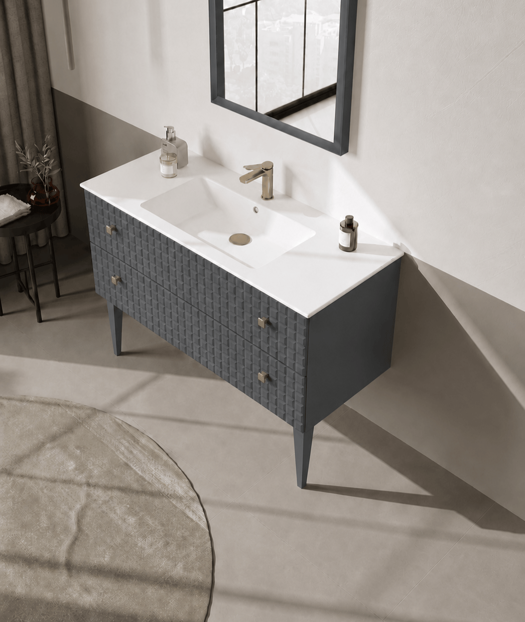 Orka Lipari 120 cm Mat Antrasit Banyo Dolabı Alt Modül Ve Lavabo (Ayaklı-Altın Kulp), 5007338