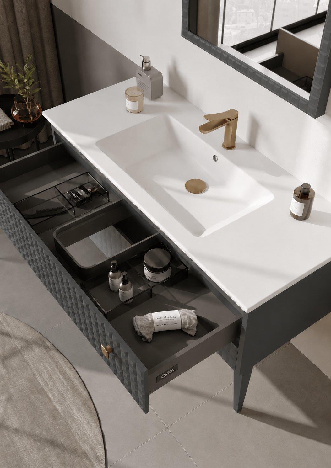 Orka Lipari 120 cm Mat Antrasit Banyo Dolabı Alt Modül Ve Lavabo (Ayaklı-Altın Kulp), 5007338