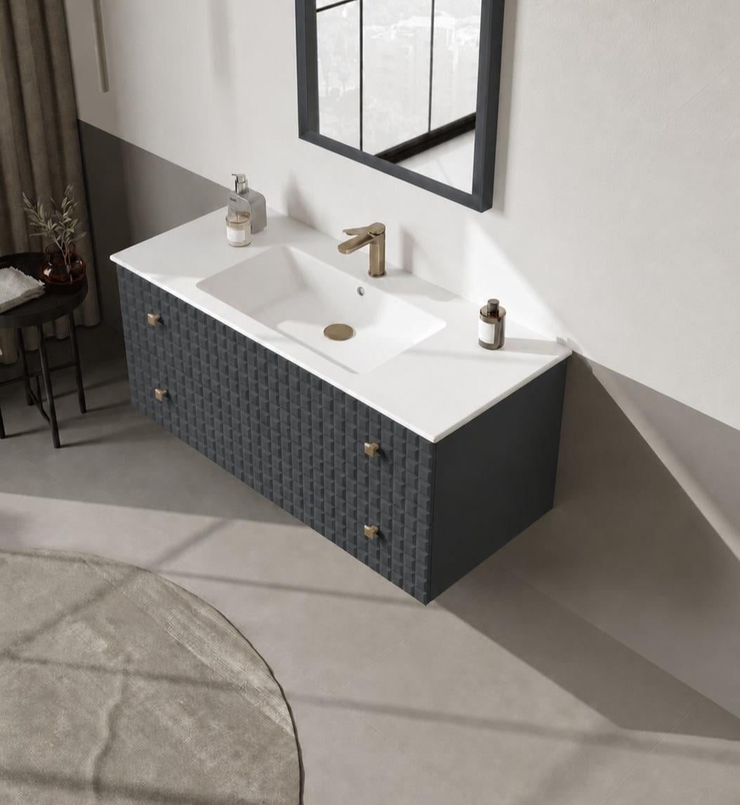 Orka Lipari 120 cm Mat Antrasit Banyo Dolabı Alt Modül Ve Lavabo (Asma-Altın Kulp), 5007303