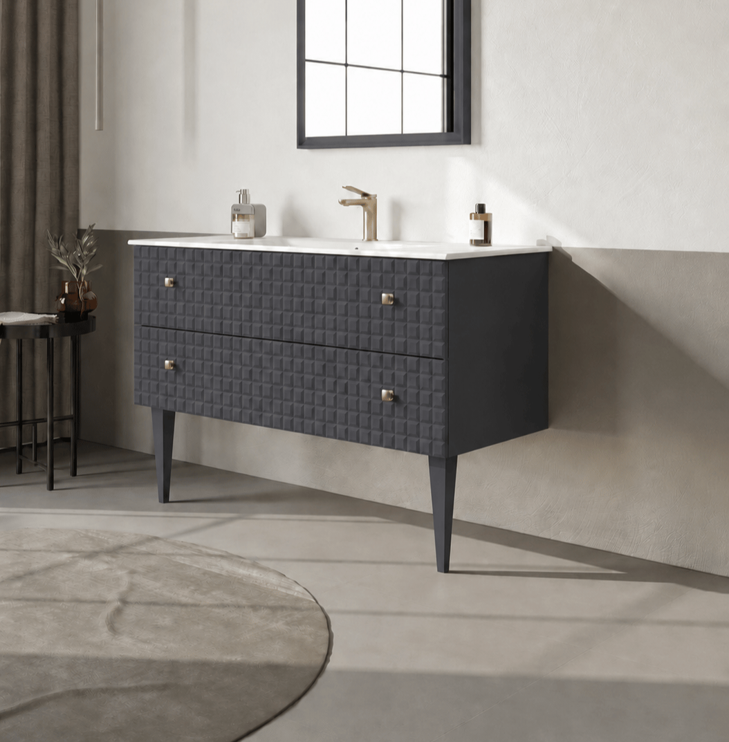 Orka Lipari 120 cm Mat Antrasit Banyo Dolabı Alt Modül Ve Lavabo (Ayaklı-Altın Kulp), 5007338