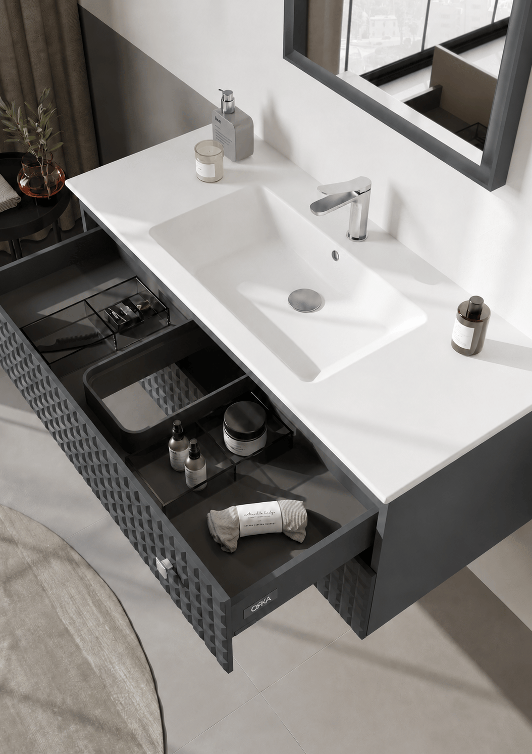 Orka Lipari 120 cm Mat Antrasit Banyo Dolabı Alt Modül Ve Lavabo (Asma-Krom Kulp), 5007325