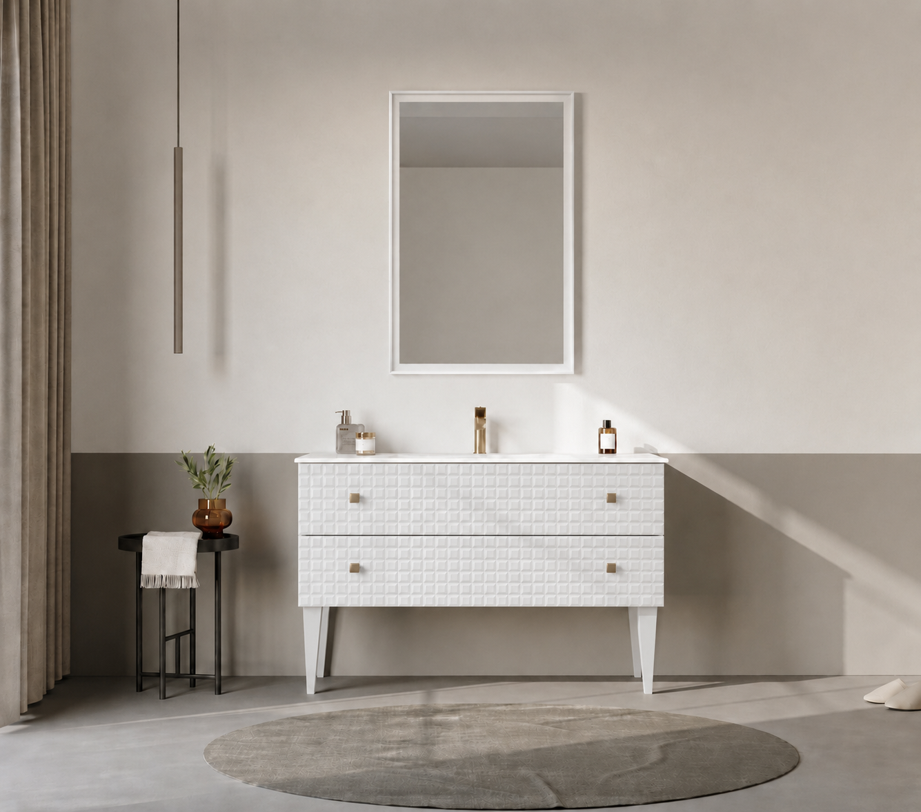 Orka Lipari Ayaklı Banyo Dolabı Takımı, 120 cm, Mat Beyaz Lake (Altın Kulp-Ledli Ayna), 5007348