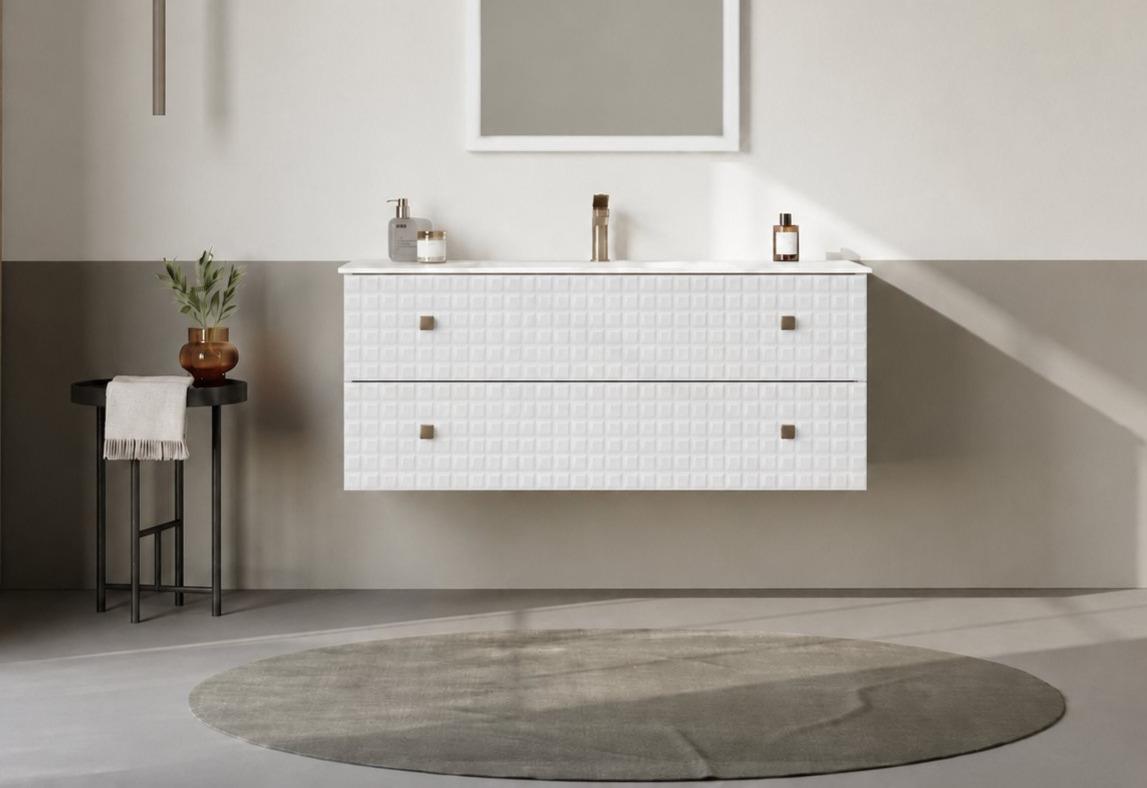 Orka Lipari 120 cm Mat Beyaz Banyo Dolabı Alt Modül Ve Lavabo (Asma-Altın Kulp), 5007298