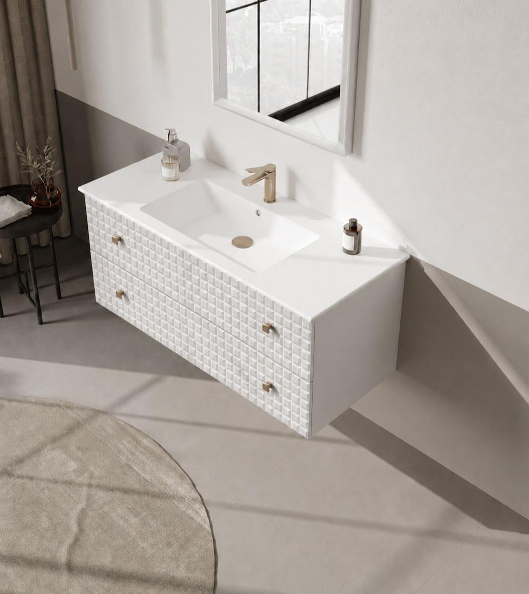 Orka Lipari 120 cm Mat Beyaz Banyo Dolabı Alt Modül Ve Lavabo (Asma-Altın Kulp), 5007298