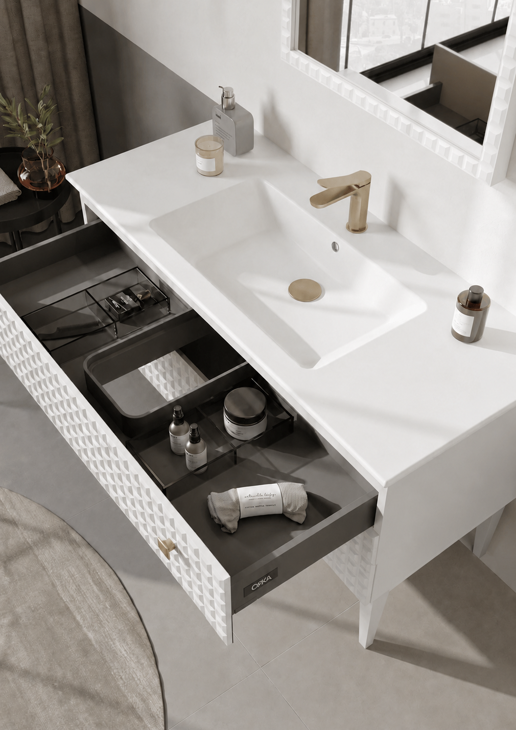 Orka Lipari Ayaklı Banyo Dolabı Takımı, 120 cm, Mat Beyaz Lake (Altın Kulp-Ledli Ayna), 5007348