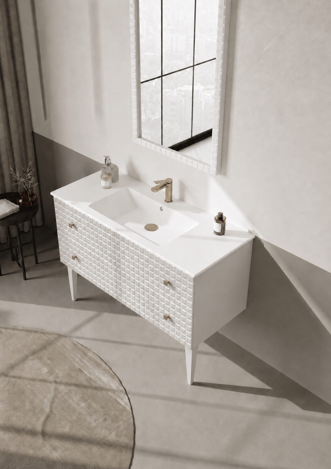 Orka Lipari Ayaklı Banyo Dolabı Takımı, 120 cm, Mat Beyaz Lake (Altın Kulp-Ledli Ayna), 5007348