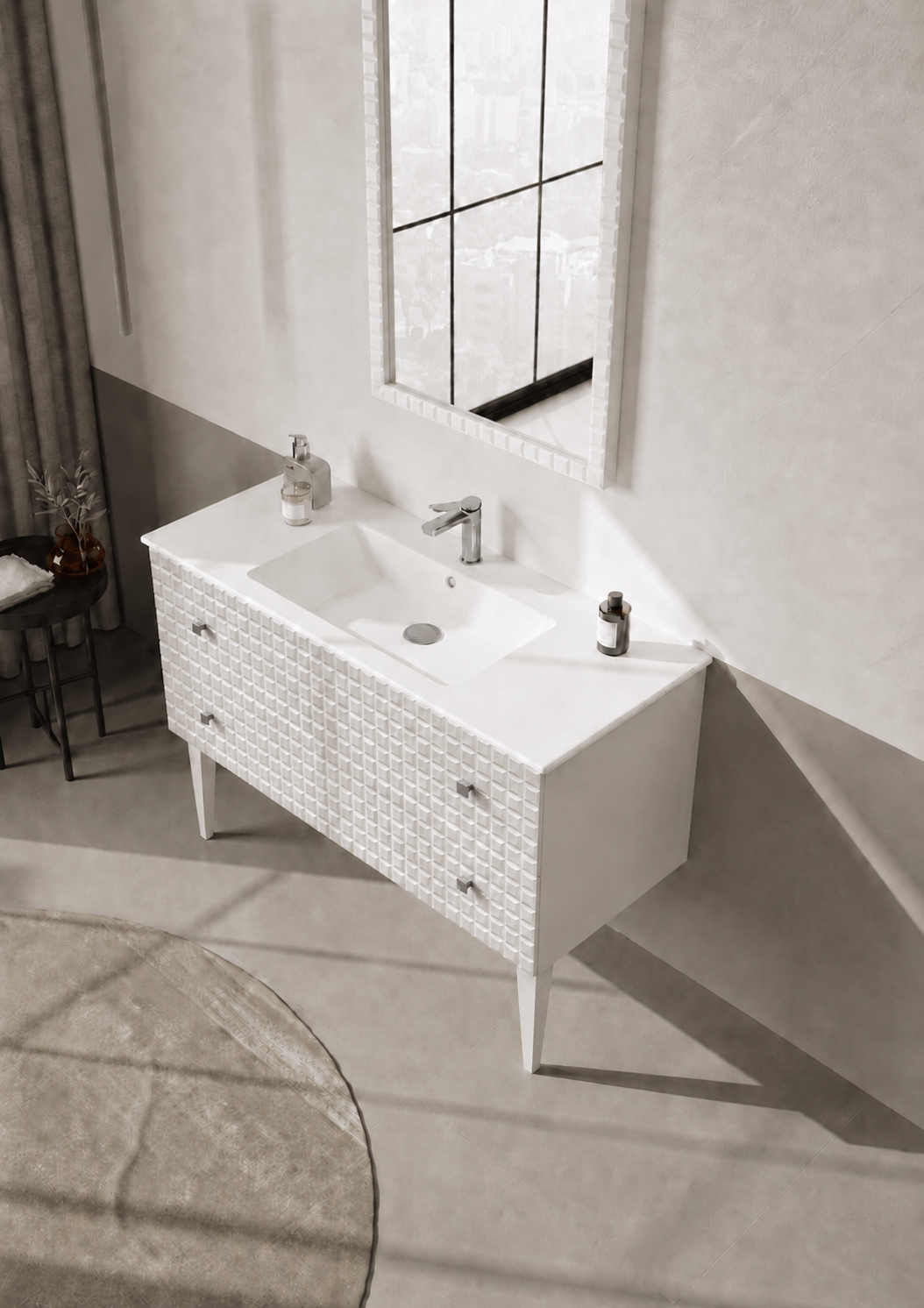 Orka Lipari Ayaklı Banyo Dolabı Takımı, 120 cm, Mat Beyaz Lake (Krom Kulp-Ledli Ayna), 5007351