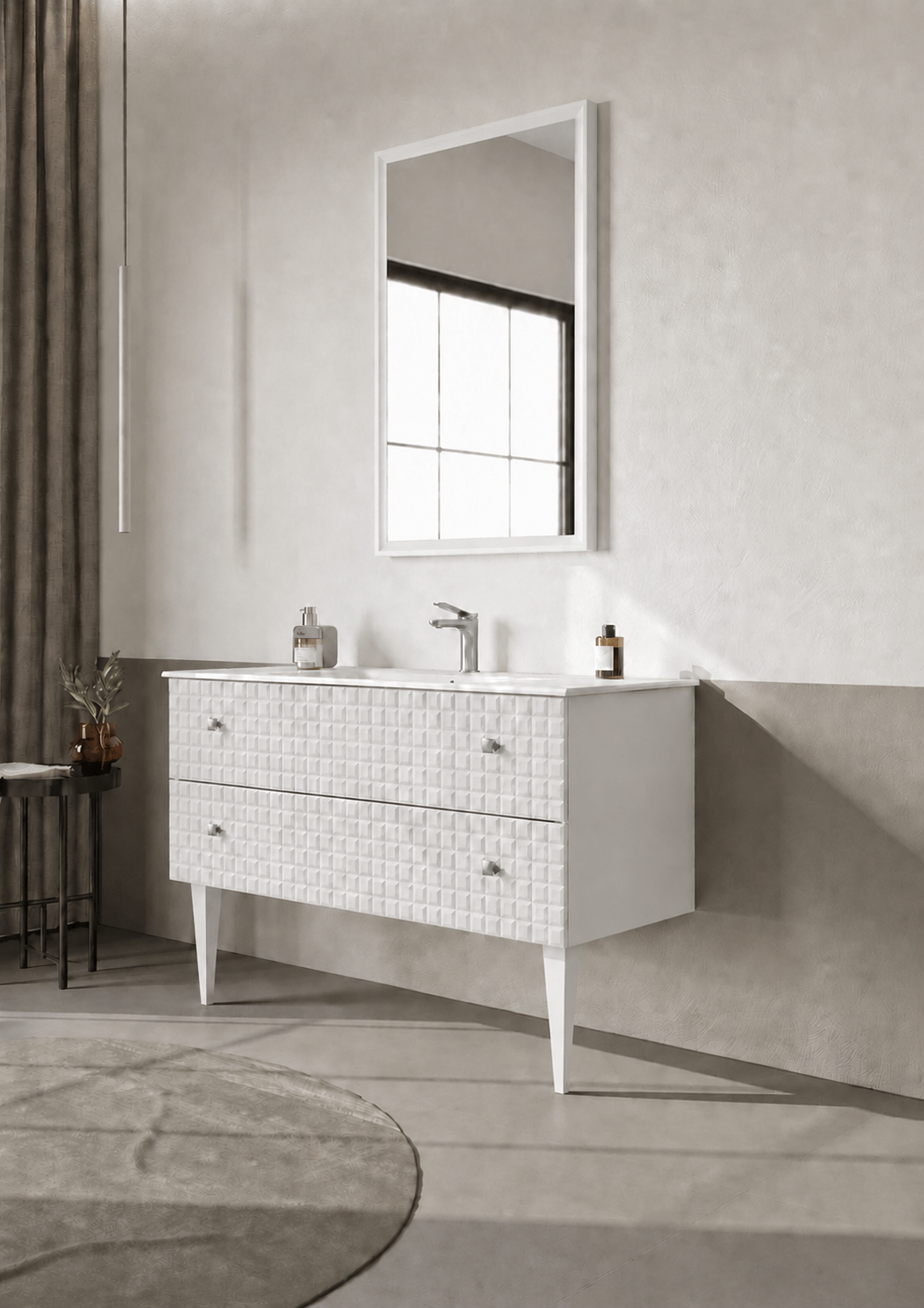 Orka Lipari Ayaklı Banyo Dolabı Takımı, 120 cm, Mat Beyaz Lake (Krom Kulp-Ledli Ayna), 5007351