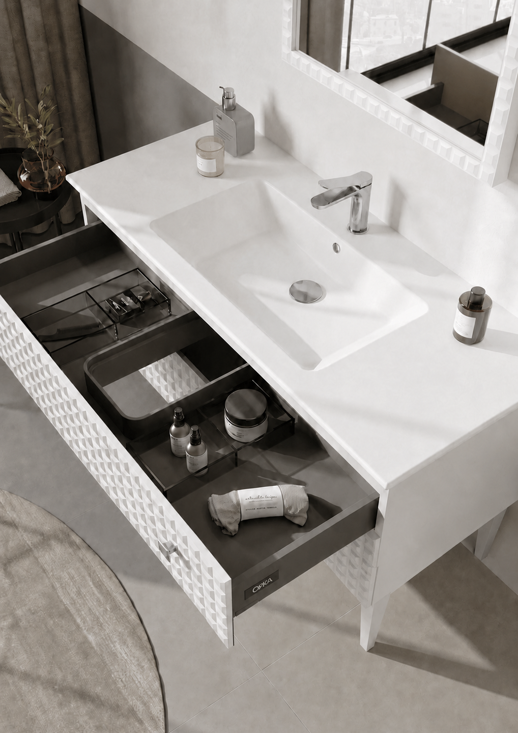 Orka Lipari Ayaklı Banyo Dolabı Takımı, 120 cm, Mat Beyaz Lake (Krom Kulp-Ledli Ayna), 5007351