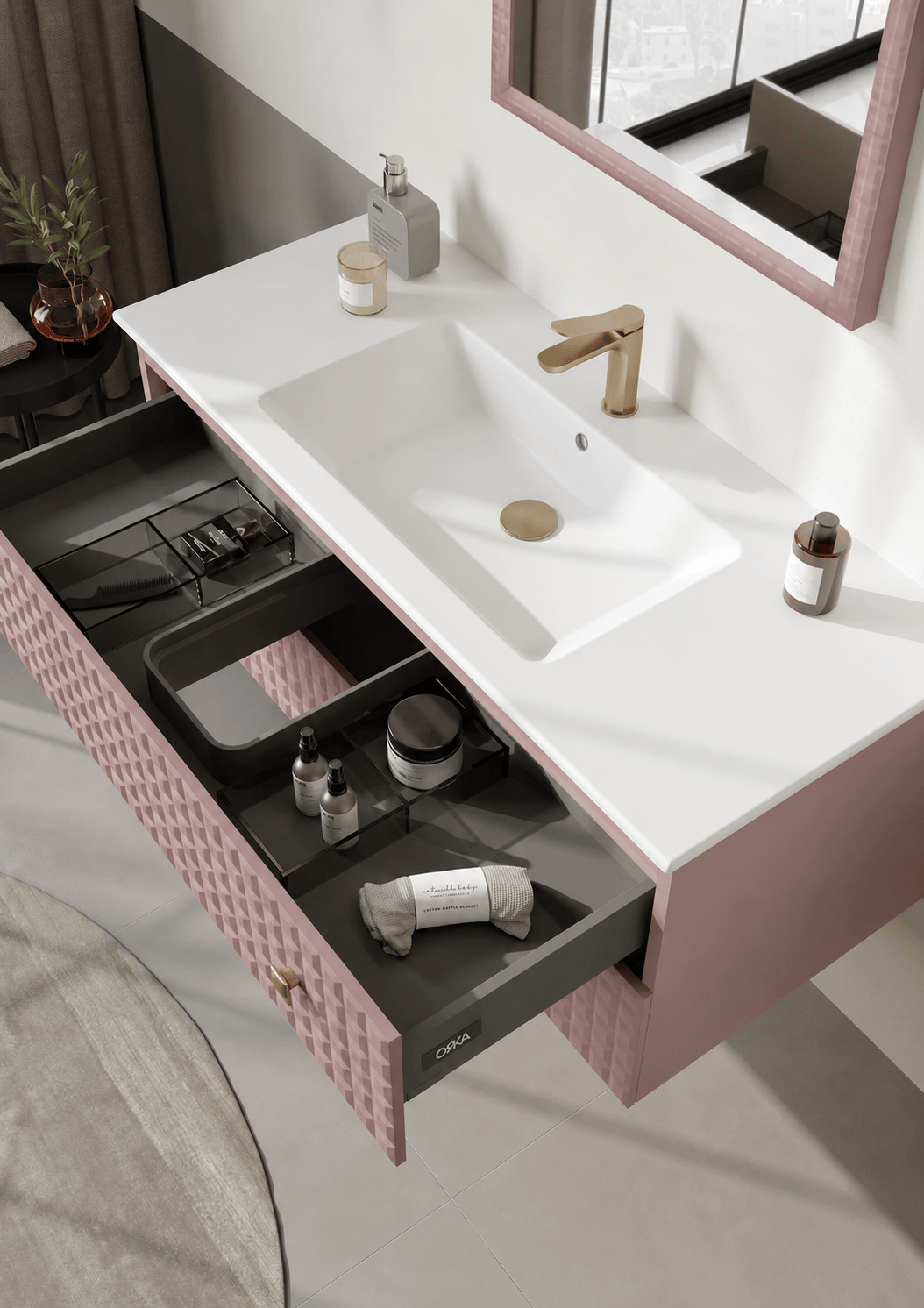 Orka Lipari 120 cm Mat Pudra Banyo Dolabı Alt Modül Ve Lavabo (Asma-Altın Kulp), 5008589