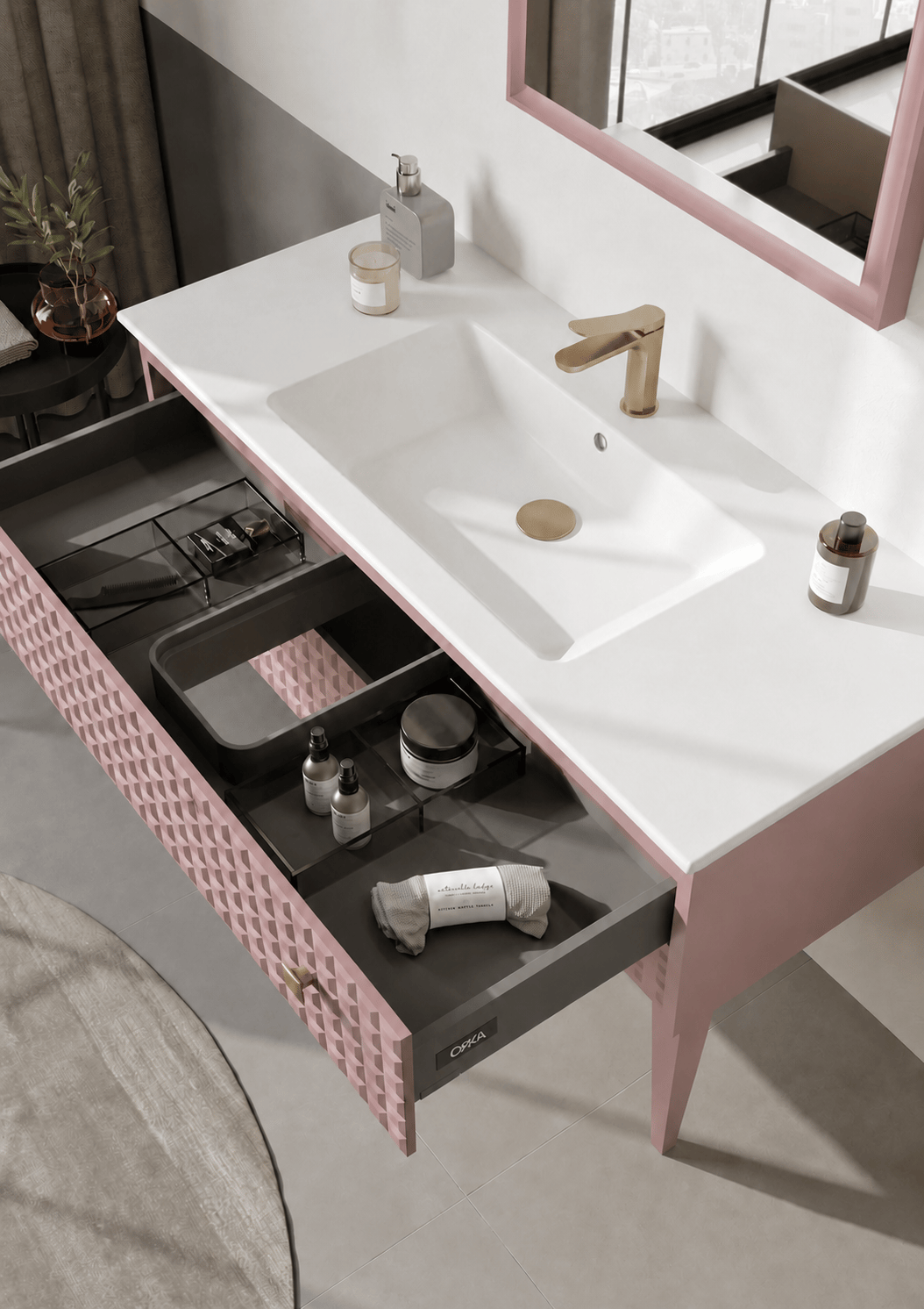 Orka Lipari 120 cm Mat Pudra Banyo Dolabı Alt Modül Ve Lavabo (Ayaklı-Altın Kulp), 5008587