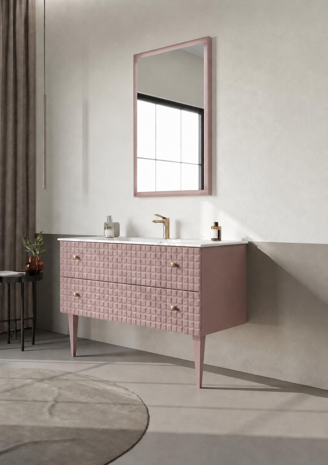 Orka Lipari Ayaklı Banyo Dolabı Takımı, 120 cm, Mat Pudra Lake (Altın Kulp-Ledli Ayna), 5008591