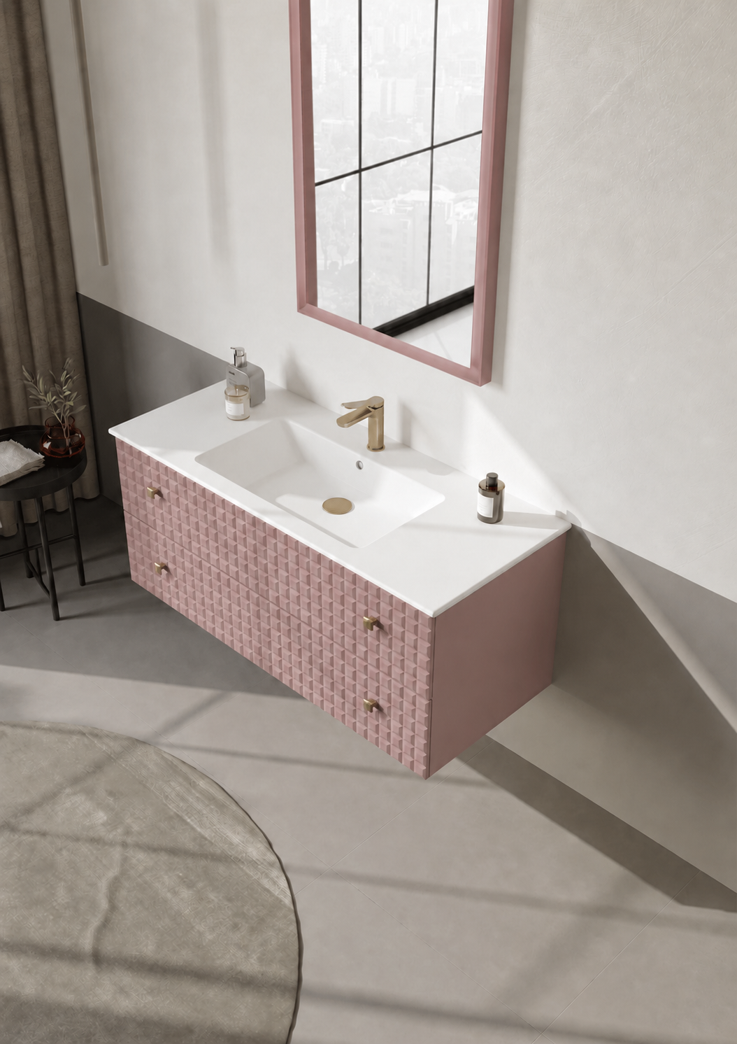 Orka Lipari Asma Banyo Dolabı Takımı, 120 cm, Mat Pudra Lake (Altın Kulp-Ledli Ayna), 5008593