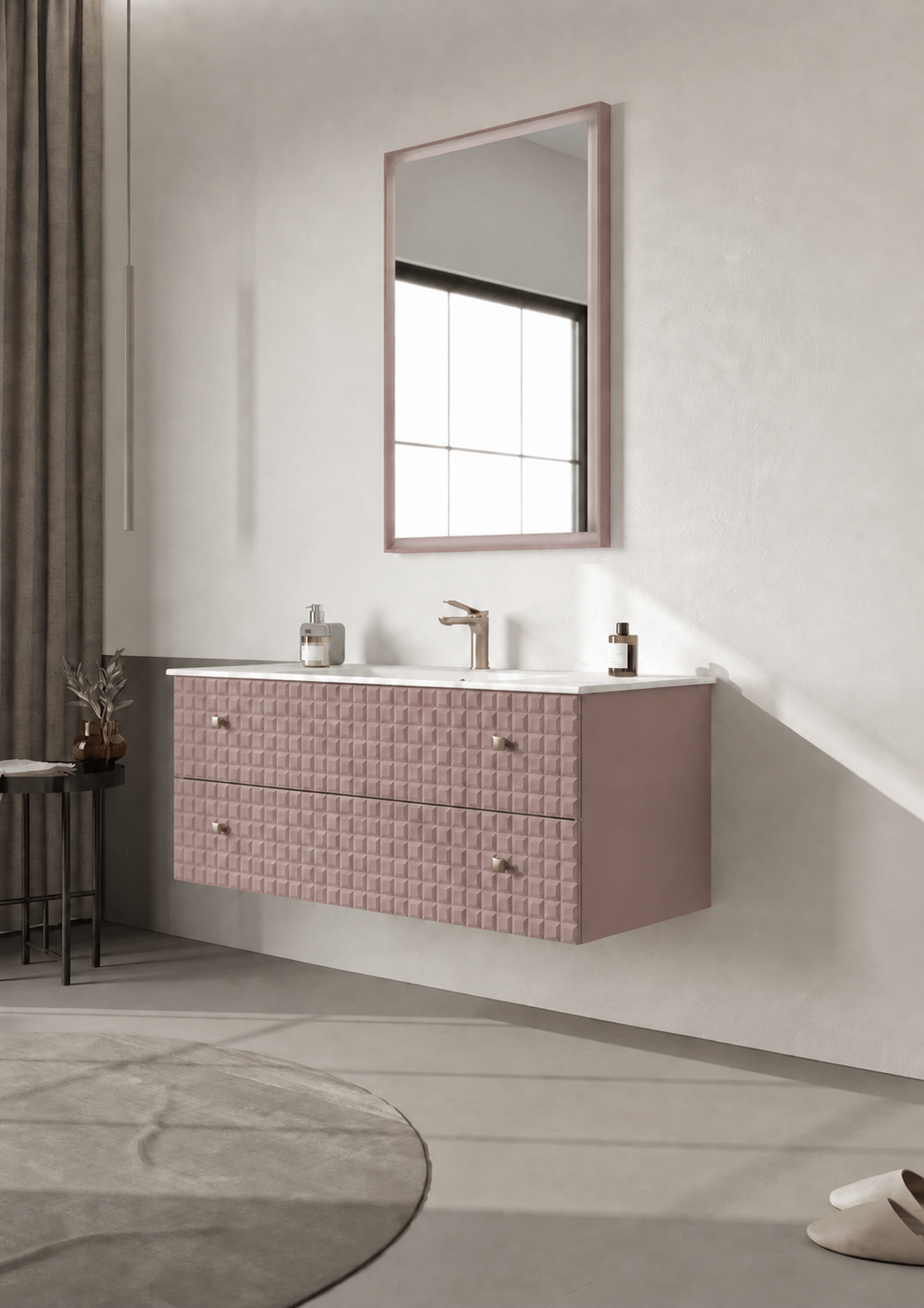 Orka Lipari Asma Banyo Dolabı Takımı, 120 cm, Mat Pudra Lake (Altın Kulp-Ledli Ayna), 5008593
