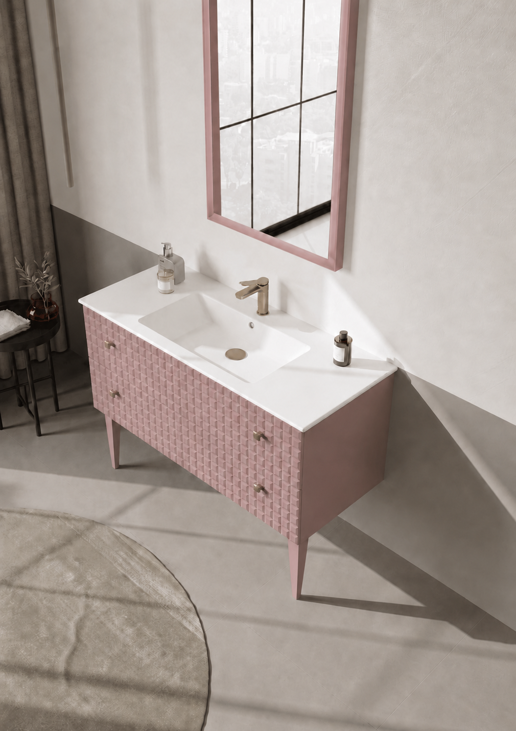 Orka Lipari Ayaklı Banyo Dolabı Takımı, 120 cm, Mat Pudra Lake (Altın Kulp-Ledli Ayna), 5008591