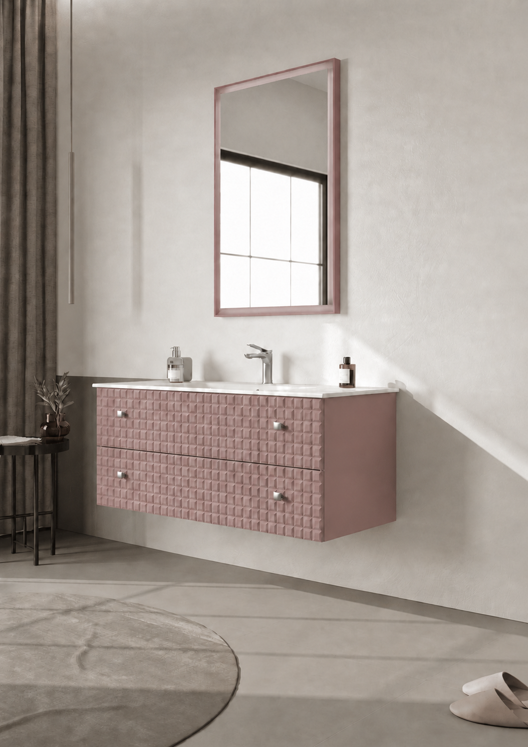 Orka Lipari Asma Banyo Dolabı Takımı, 120 cm, Mat Pudra Lake (Krom Kulp-Ledli Ayna), 5008594