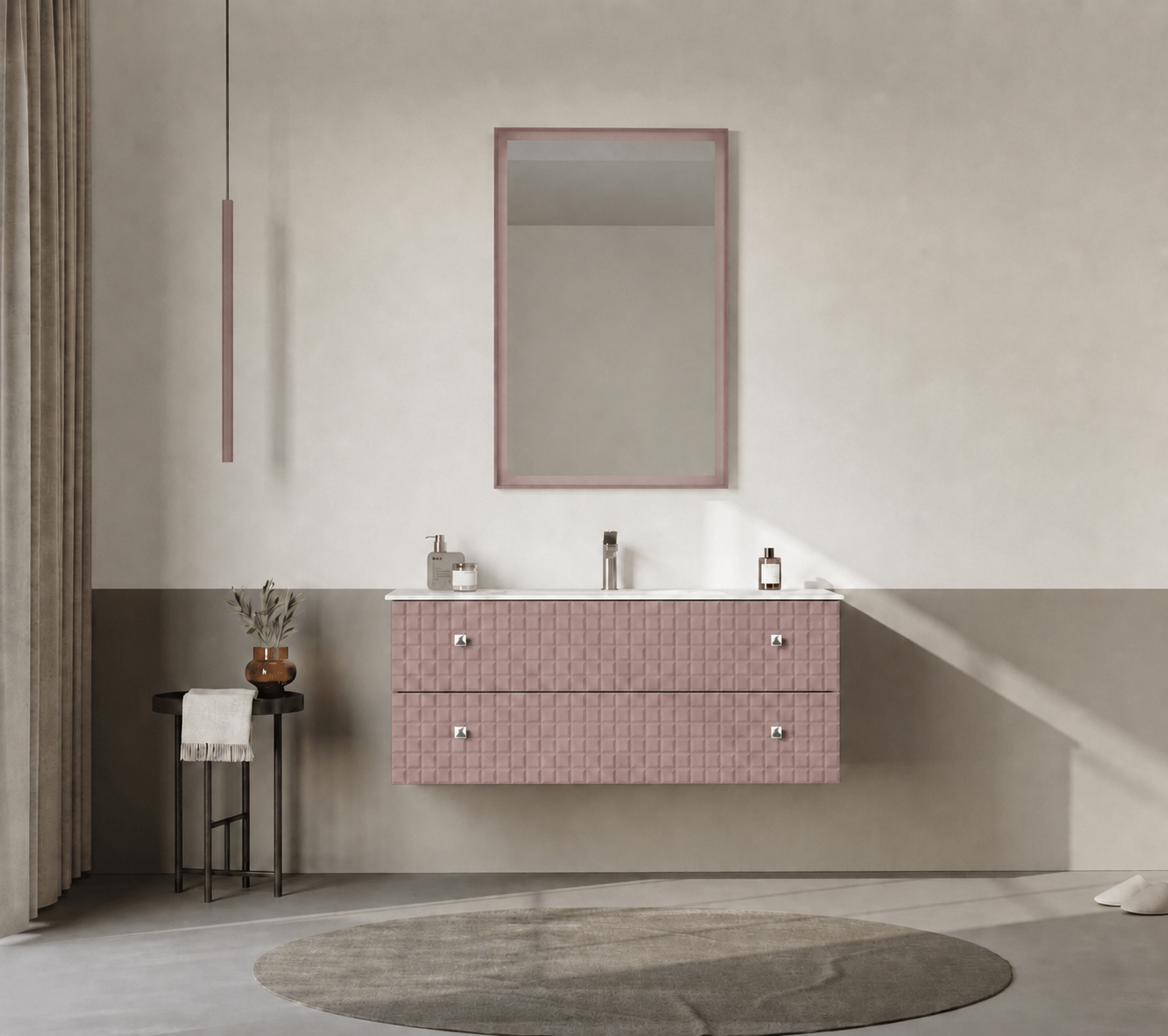 Orka Lipari Asma Banyo Dolabı Takımı, 120 cm, Mat Pudra Lake (Krom Kulp-Ledli Ayna), 5008594