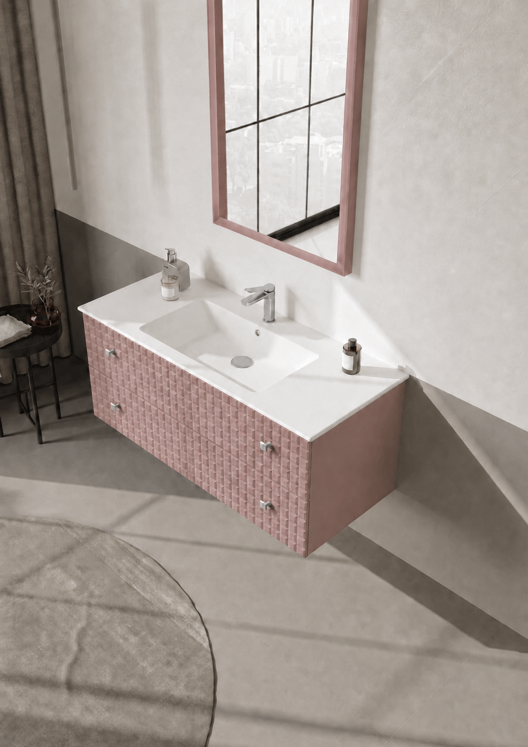 Orka Lipari Asma Banyo Dolabı Takımı, 120 cm, Mat Pudra Lake (Krom Kulp-Ledli Ayna), 5008594