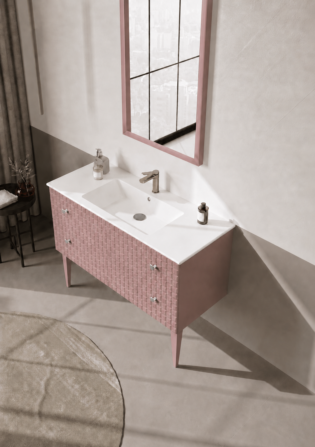 Orka Lipari Ayaklı Banyo Dolabı Takımı, 120 cm, Mat Pudra Lake (Krom Kulp-Ledli Ayna), 5008592