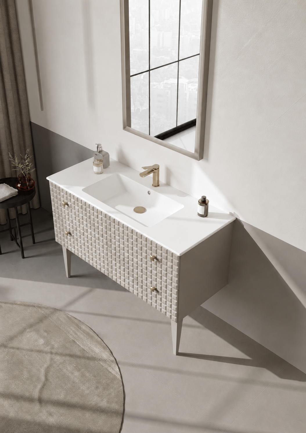 Orka Lipari Ayaklı Banyo Dolabı Takımı, 120 cm, Mat Vizon Lake (Altın Kulp-Ledli Ayna), 5007349