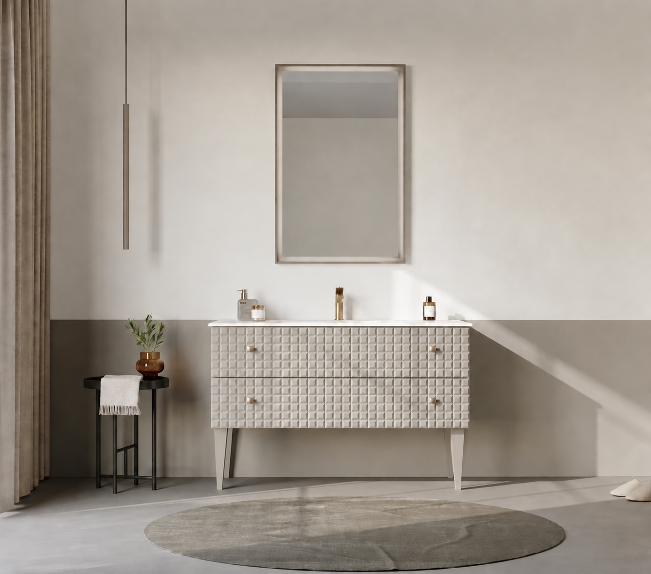 Orka Lipari Ayaklı Banyo Dolabı Takımı, 120 cm, Mat Vizon Lake (Altın Kulp-Ledli Ayna), 5007349