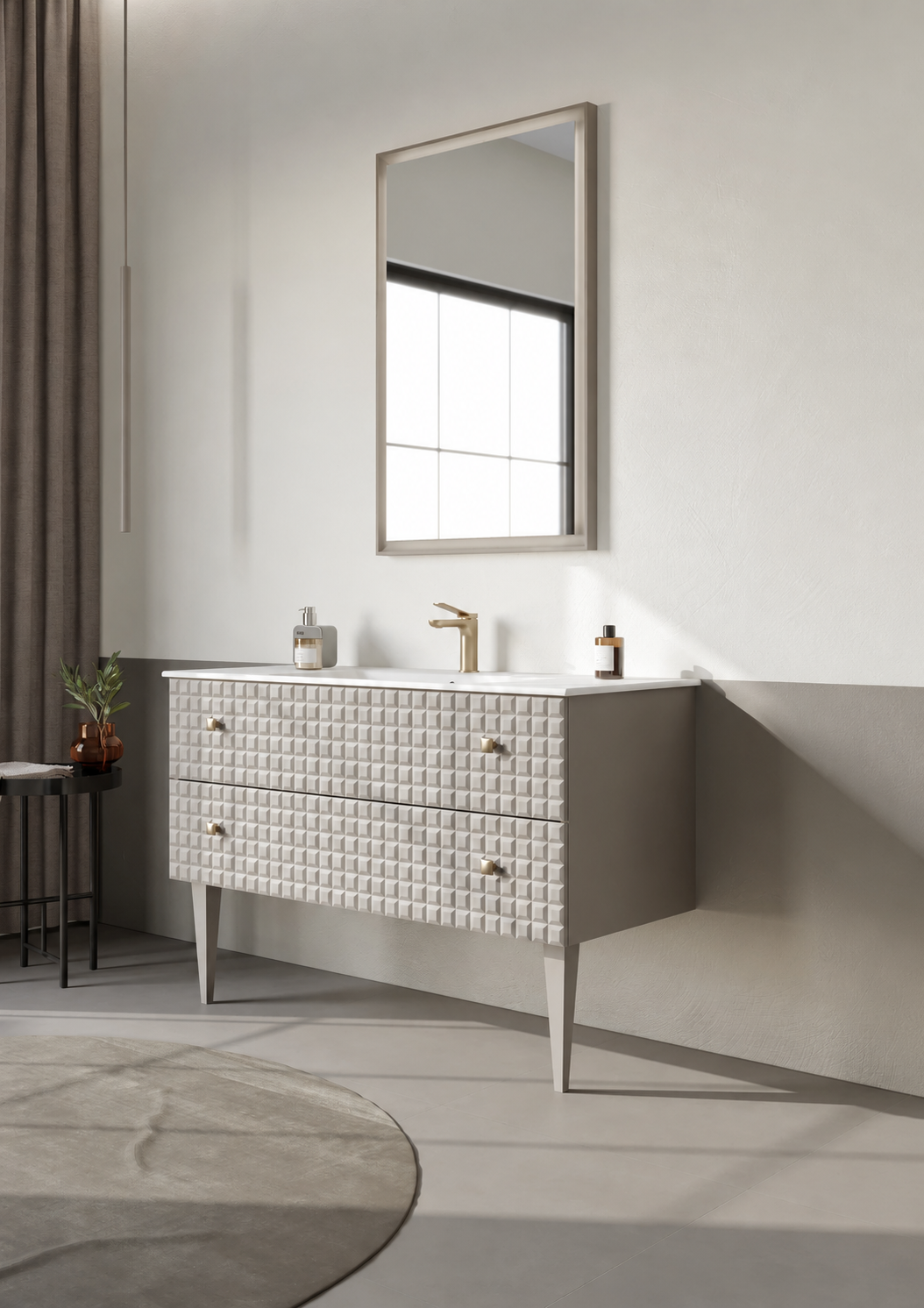 Orka Lipari Ayaklı Banyo Dolabı Takımı, 120 cm, Mat Vizon Lake (Altın Kulp-Ledli Ayna), 5007349