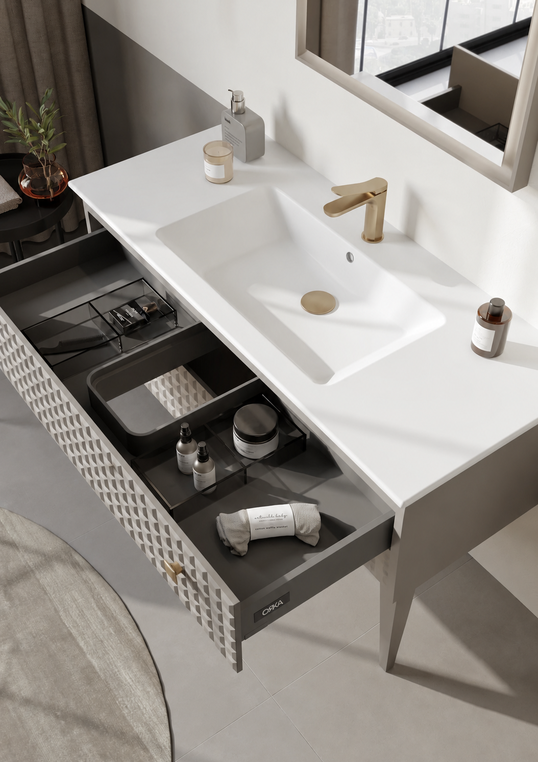 Orka Lipari Ayaklı Banyo Dolabı Takımı, 120 cm, Mat Vizon Lake (Altın Kulp-Ledli Ayna), 5007349