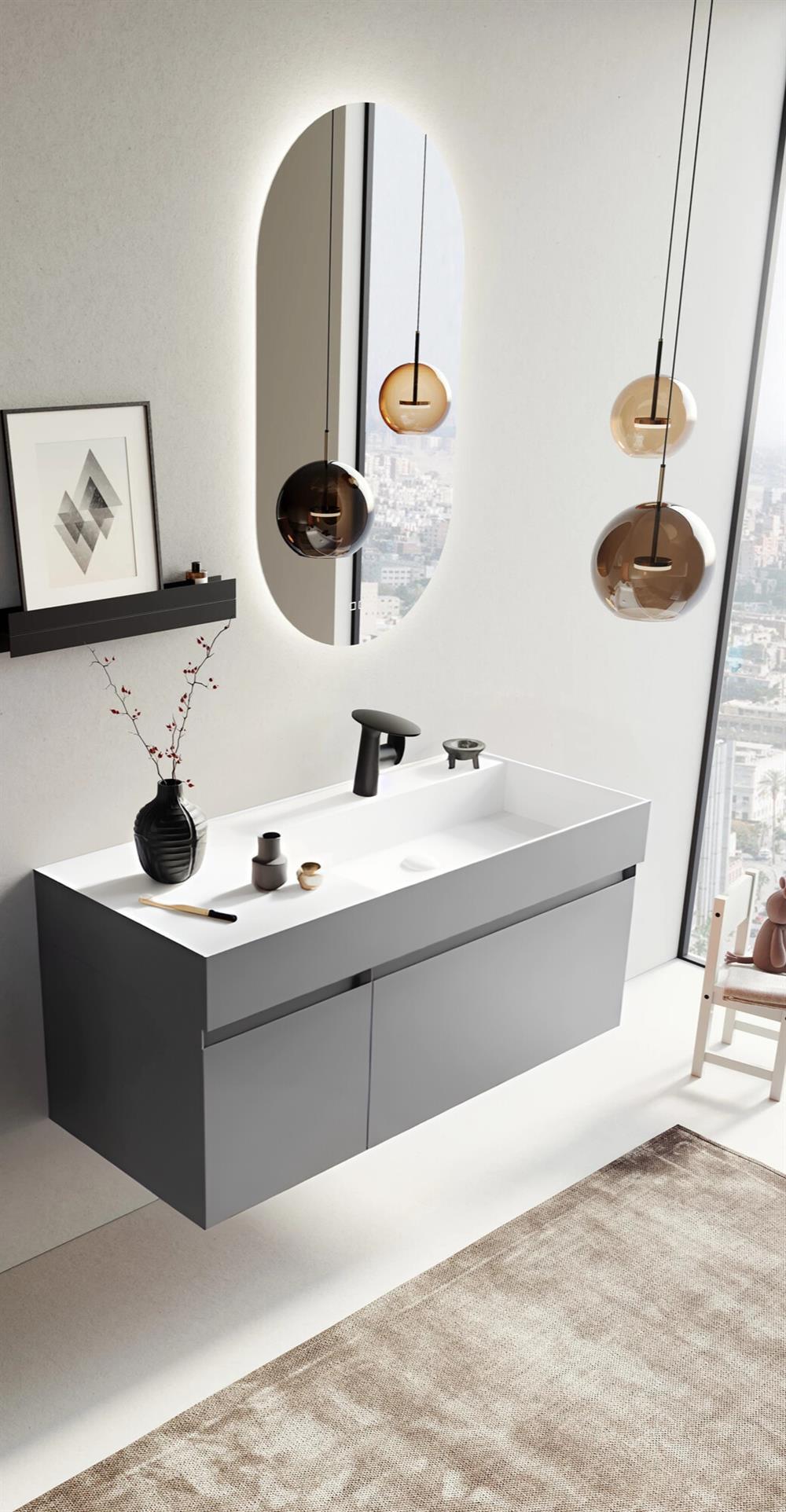 Orka Lusso 120 cm Mat Gri Ledli Ayna Banyo Dolabı Takımı