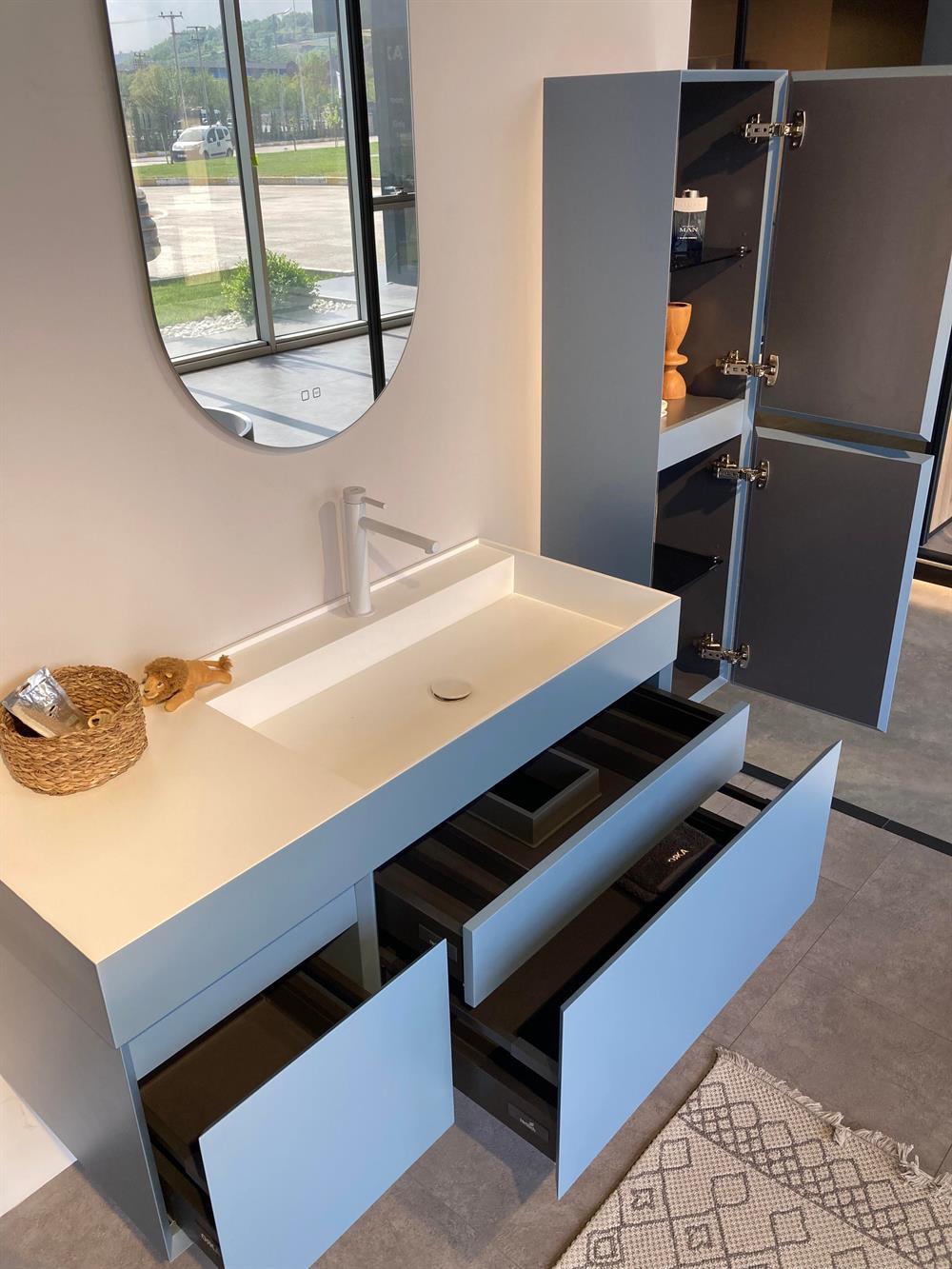 Orka Lusso 120 cm Mavi Banyo Dolabı Alt Modül ve Lavabo