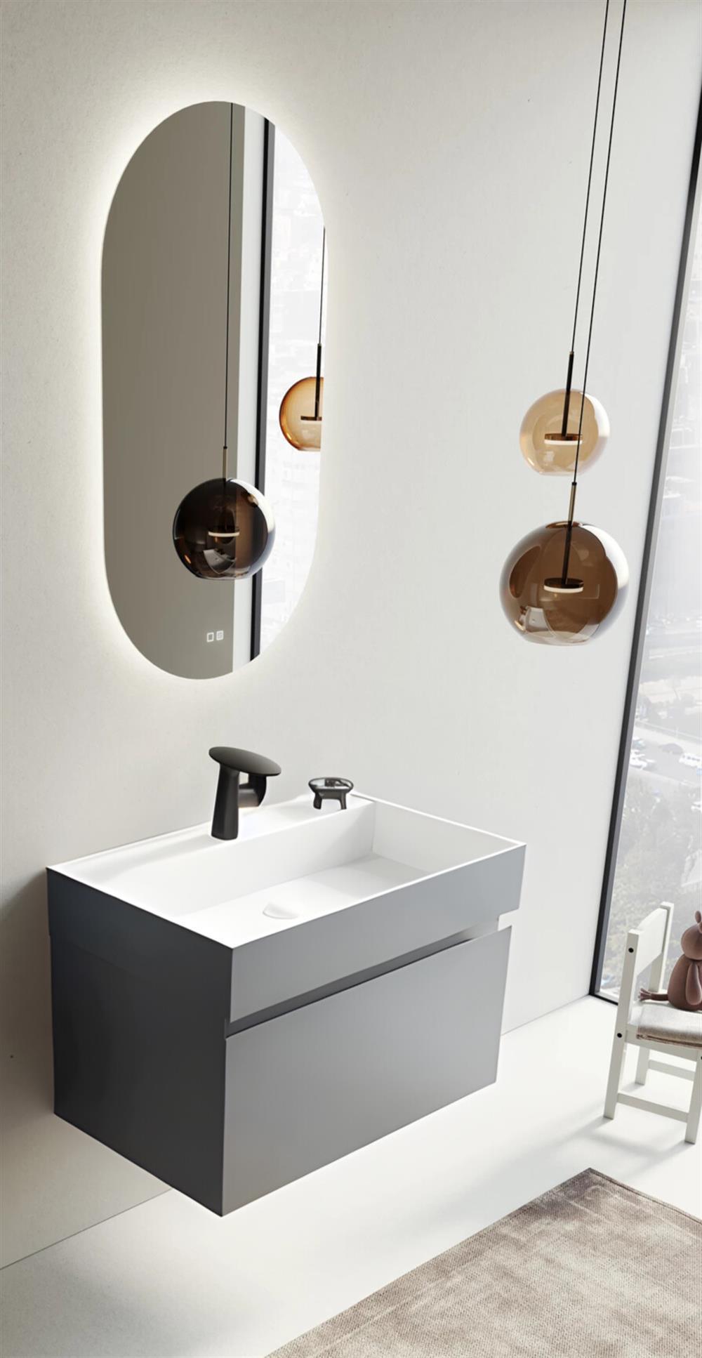 Orka Lusso 80 cm Mat Gri Ledli Ayna Banyo Dolabı Takımı