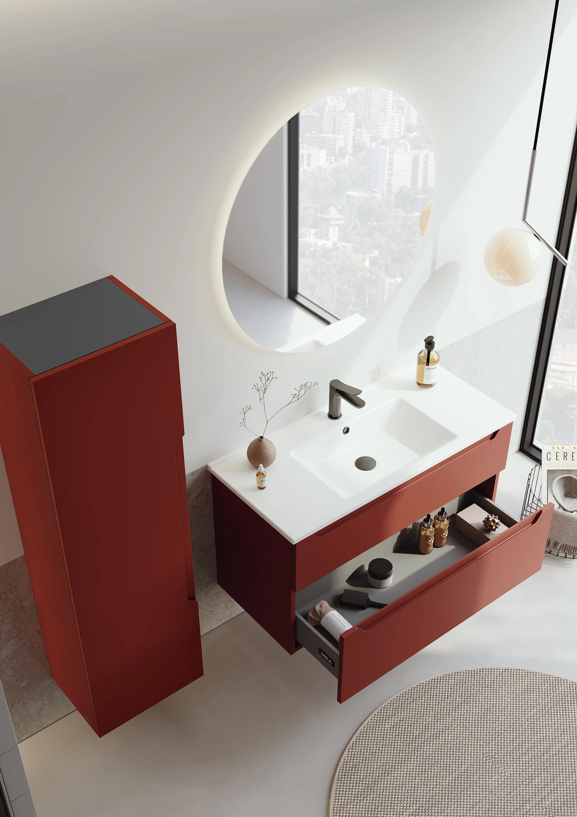 Orka Messina 100 cm Tuscan Kırmızı Banyo Dolabı Takımı (Ledli Ayna)