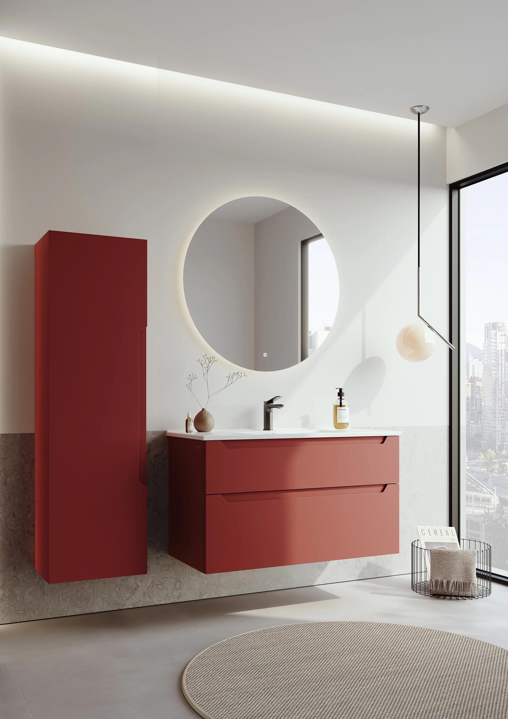 Orka Messina 100 cm Tuscan Kırmızı Banyo Dolabı Takımı (Ledli Ayna)