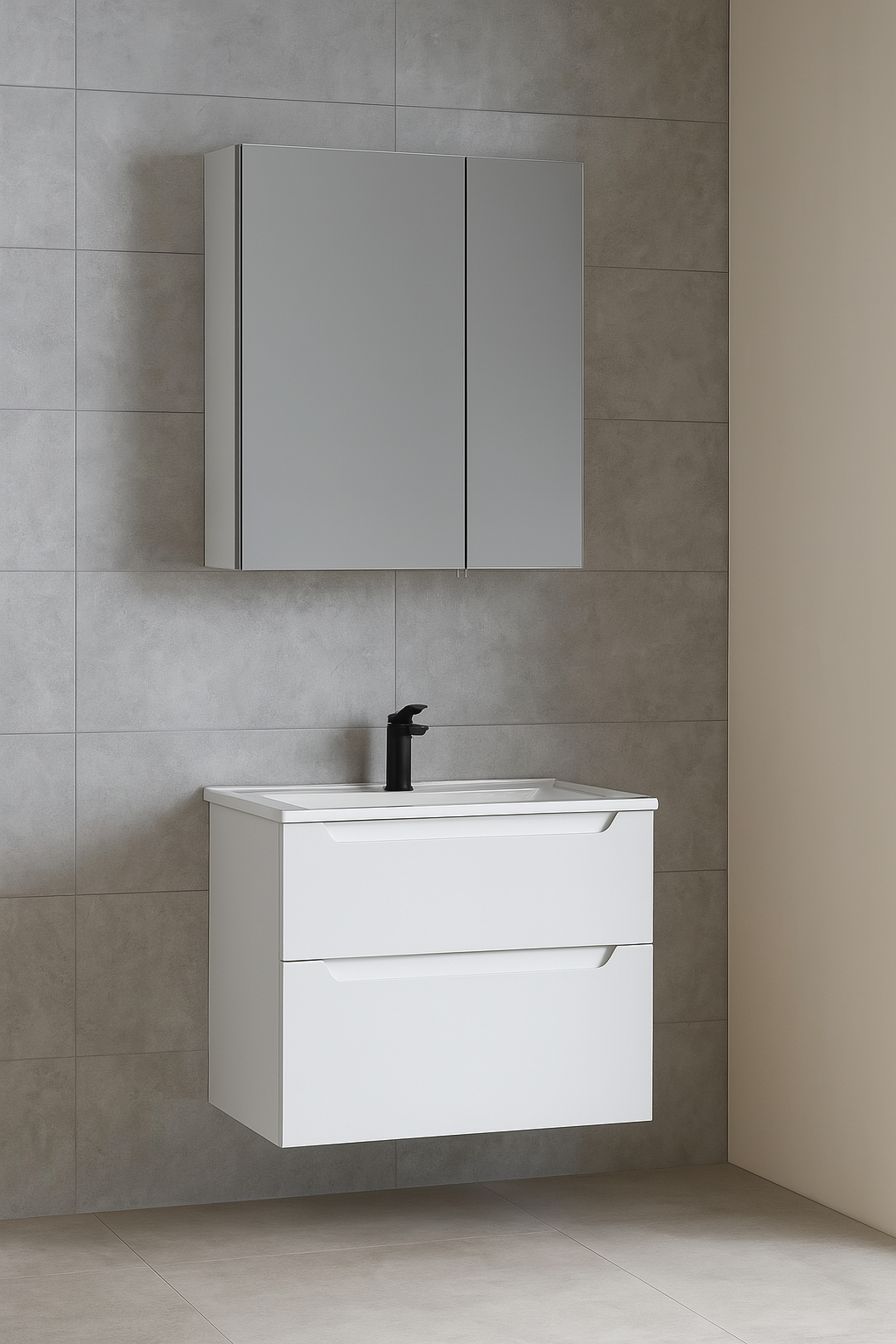 Orka Messina 65 cm Mat Beyaz Banyo Dolabı Takımı (Dolaplı Ayna)