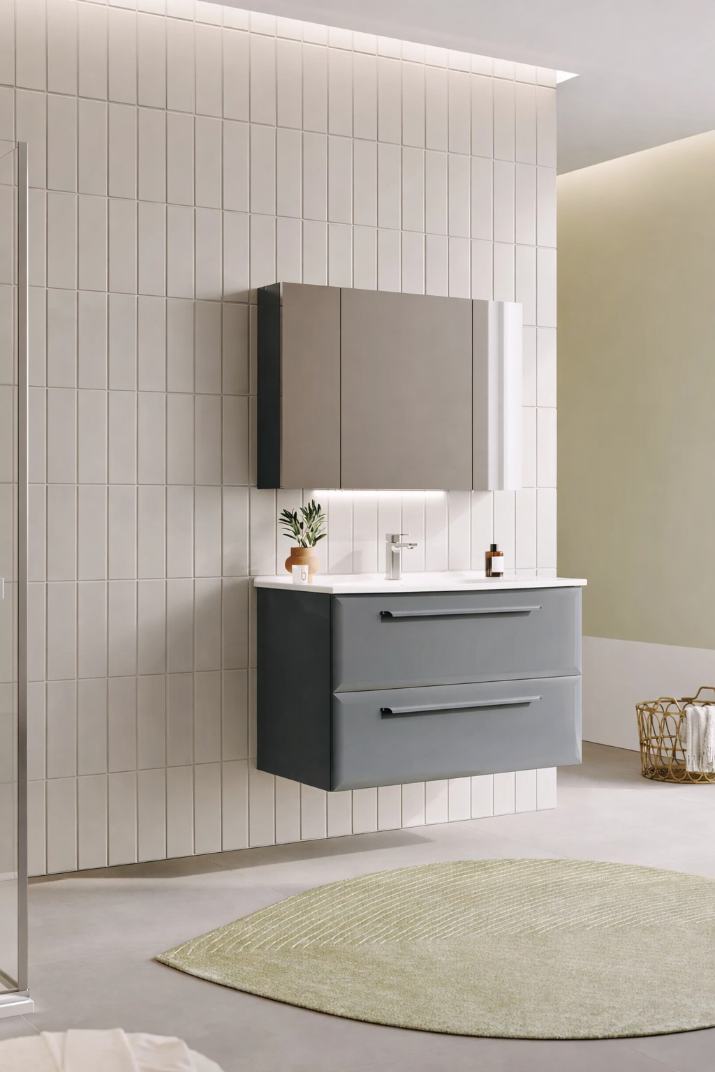 Orka Nuvola Banyo Dolabı Takımı, 100 cm, Parlak Lake Antrasit (Ledli-Dolaplı Ayna), 5000601