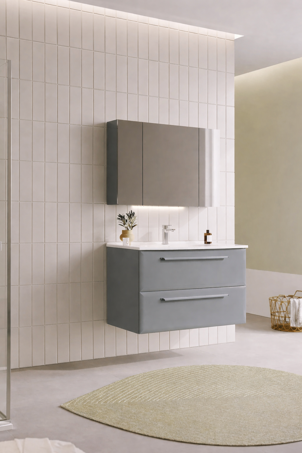 Orka Nuvola Banyo Dolabı Takımı, 100 cm, Parlak Lake Gri (Ledli-Dolaplı Ayna), 5004181
