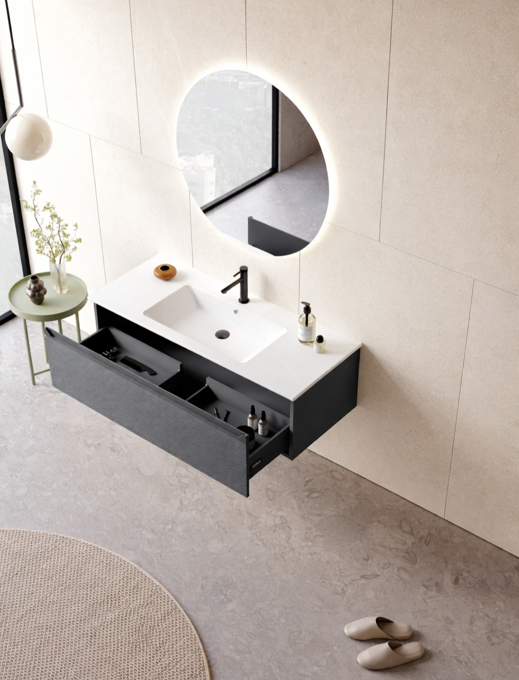 Orka Olbia Banyo Dolabı Takımı, 120 cm, Mat Antrasit (Ledli Ayna), 5006694