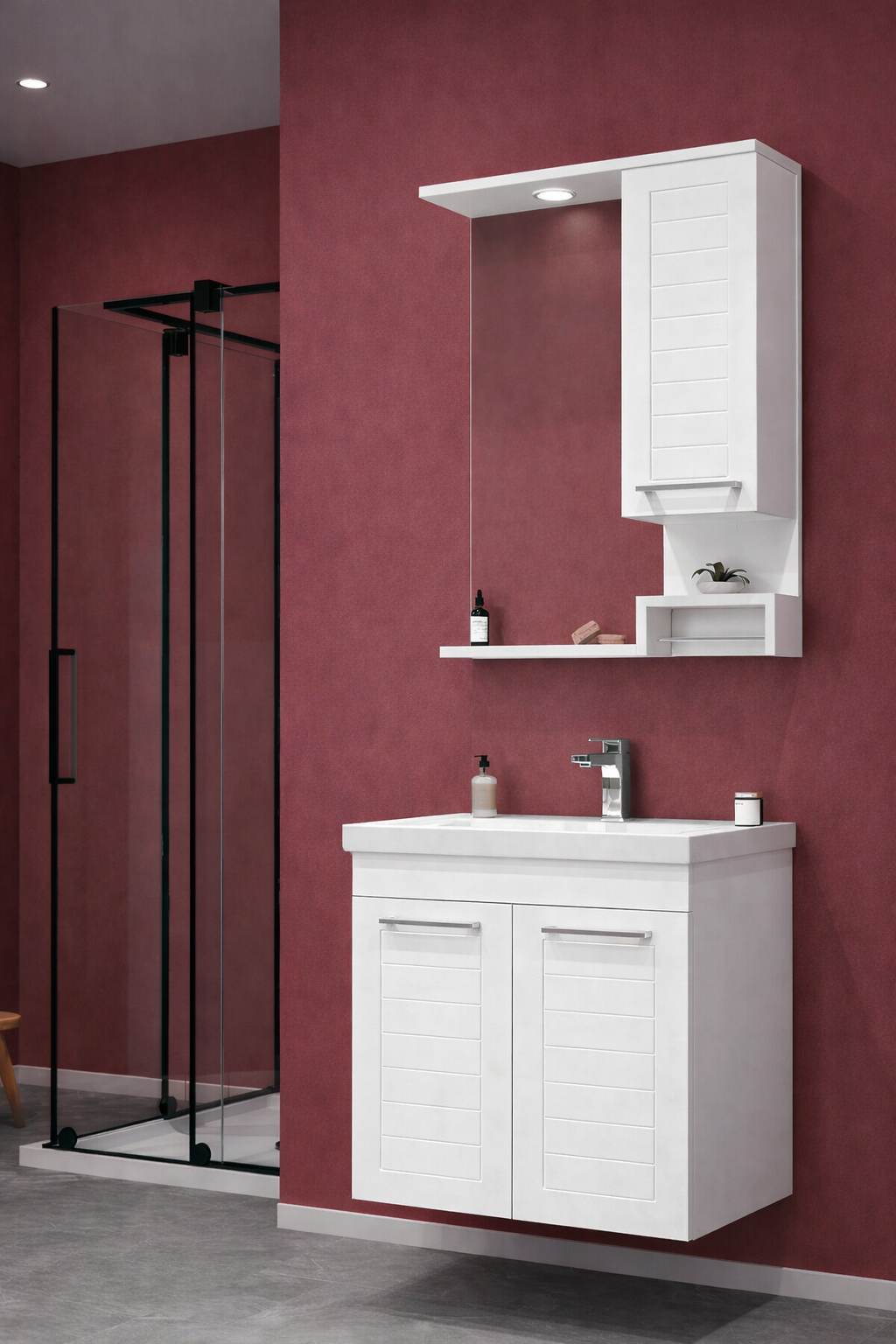 Orka Perge Banyo Dolabı Takımı, 65 cm, Beyaz (Led Spotlu, Dolaplı Ayna), 5000617