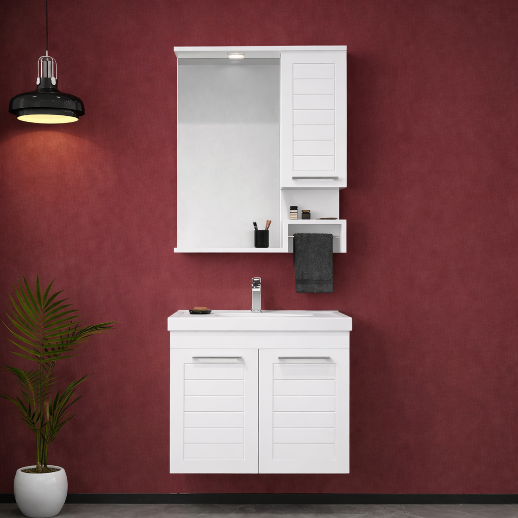 Orka Perge Banyo Dolabı Takımı, 65 cm, Beyaz (Led Spotlu, Dolaplı Ayna), 5000617